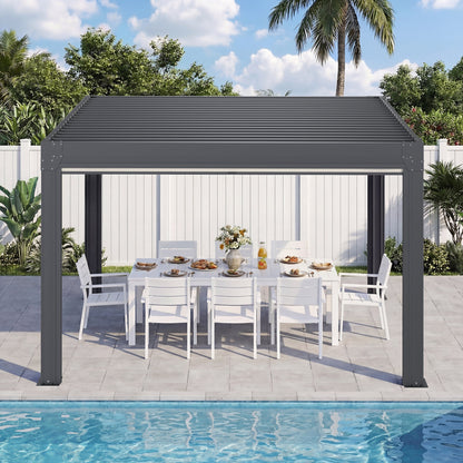 EROMMY 10' x 12' Louvered Pergola with Pull-Down Screens, Aluminum Outdoor Pergola with Retractable Roof for Patios, Decks & Backyards, Black