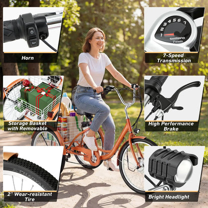 EROMMY Electric Trike for Adults,Peak 500W Brushless Motor, E-Trike with 24" x 2" Tires, Removable Battery, Charger,Step-Thru 3-Wheel Electric Bicycle, Up to 55 Miles Range, 15.5MPH+ Speed, Orange