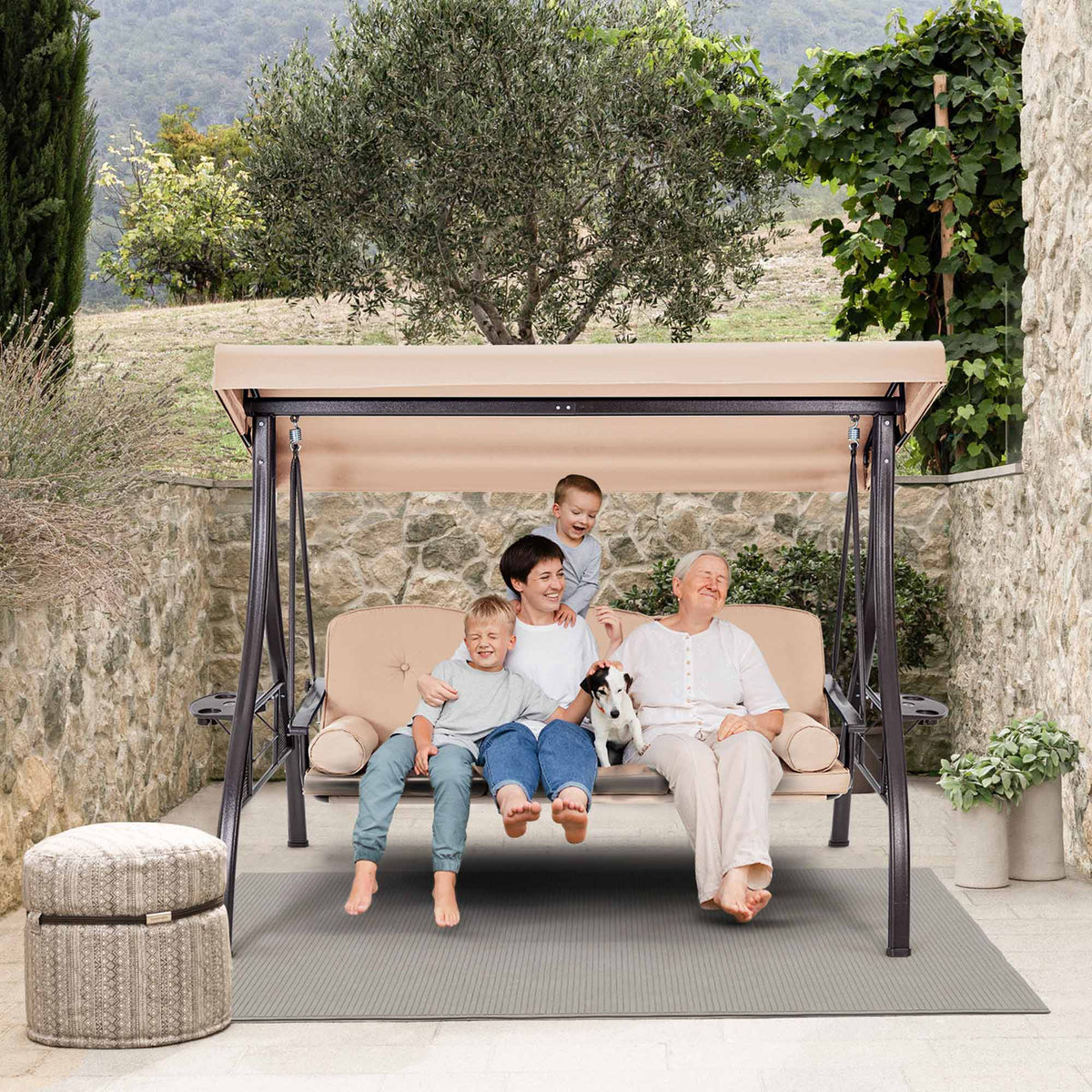EROMMY 3-Seat Outdoor Porch Swing with Adjustable Canopy and Backrest, Khaki
