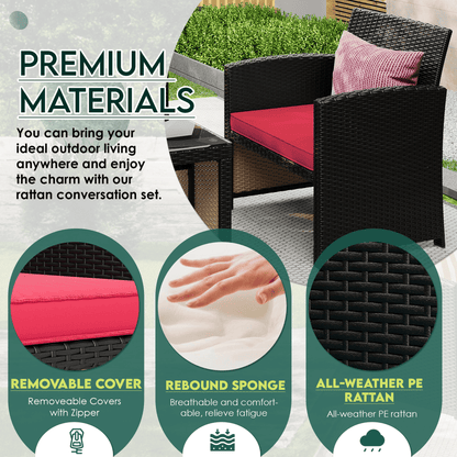 EROMMY 4-Piece Patio Furniture Set, Outdoor Wicker Patio Conversation Set with Cushions, Sofa & Glass Coffee Table, Red