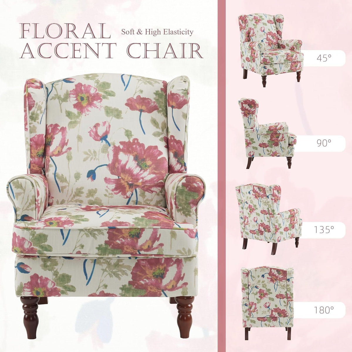 EROMMY 2PCS Fabric Accent Chairs, Modern Upholstered Armchairs, Pink Floral