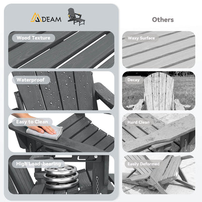 EROMMY 3-Level  Adjustable Adirondack Chair with Retractable Ottoman, Folding HDPE Outdoor Chair with Cup Holders, Gray