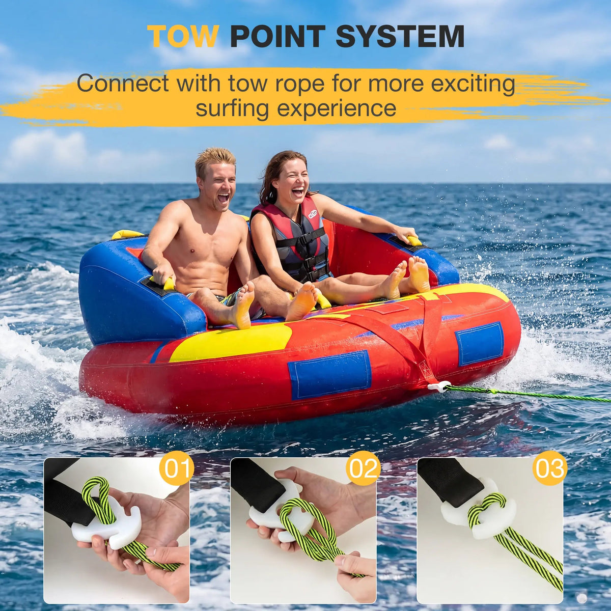 EROMMY 2-Person Towable Tubes for Boating with Towable Rope, Couch Reversible Boat Tube, Padded Bolster Guard Handles & Quick-Connect Tow Point