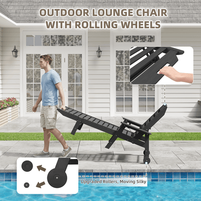 EROMMY 24" W Oversized Chaise Lounge Chairs Set of 2, Adjustable HDPE Outdoor Chairs with Wheels & Cup Holder, Dark Grey
