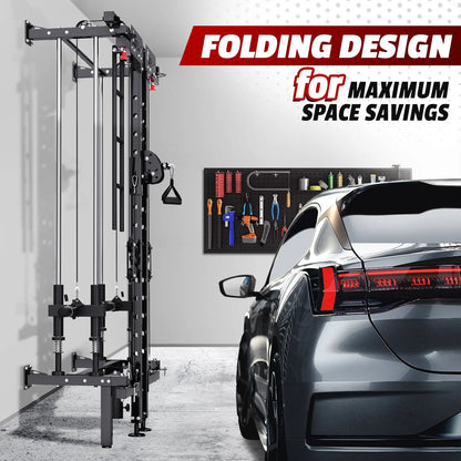 EROMMY Folding Squat Rack, Wall Mounted Power Rack with Cable Crossover Machine & LAT Pull Down Multi-Function Space-Saving Power Cage, Black