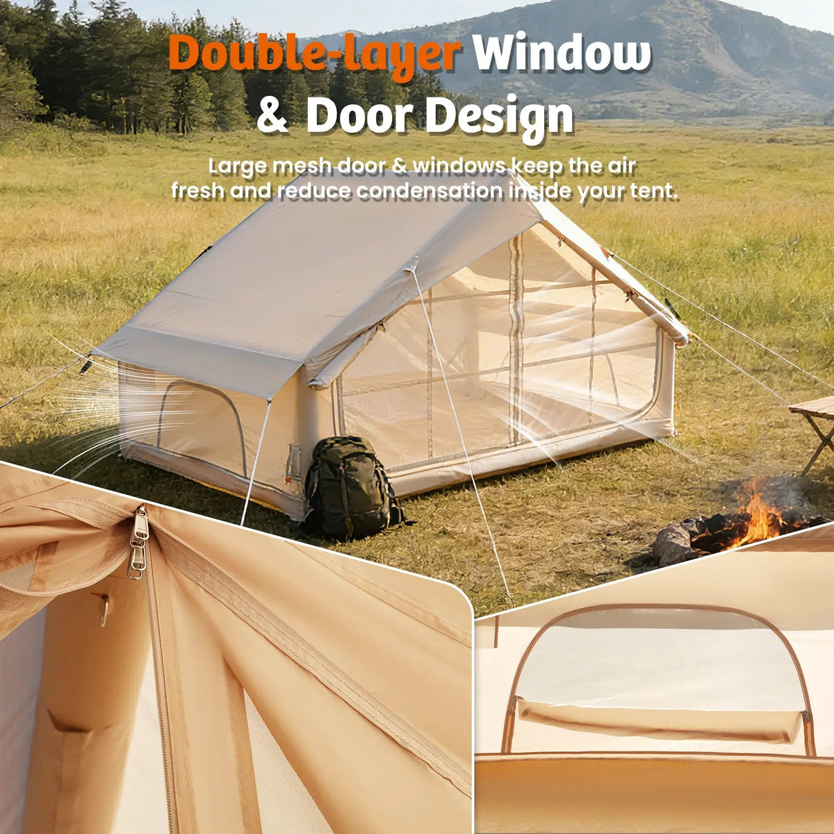EROMMY Inflatable Tents for Camping with Skylight, Blow Up Tent with Large Mesh Doors & Hand Pump, 1 Minute Quick Setup Air Tent, Waterproof Oxford