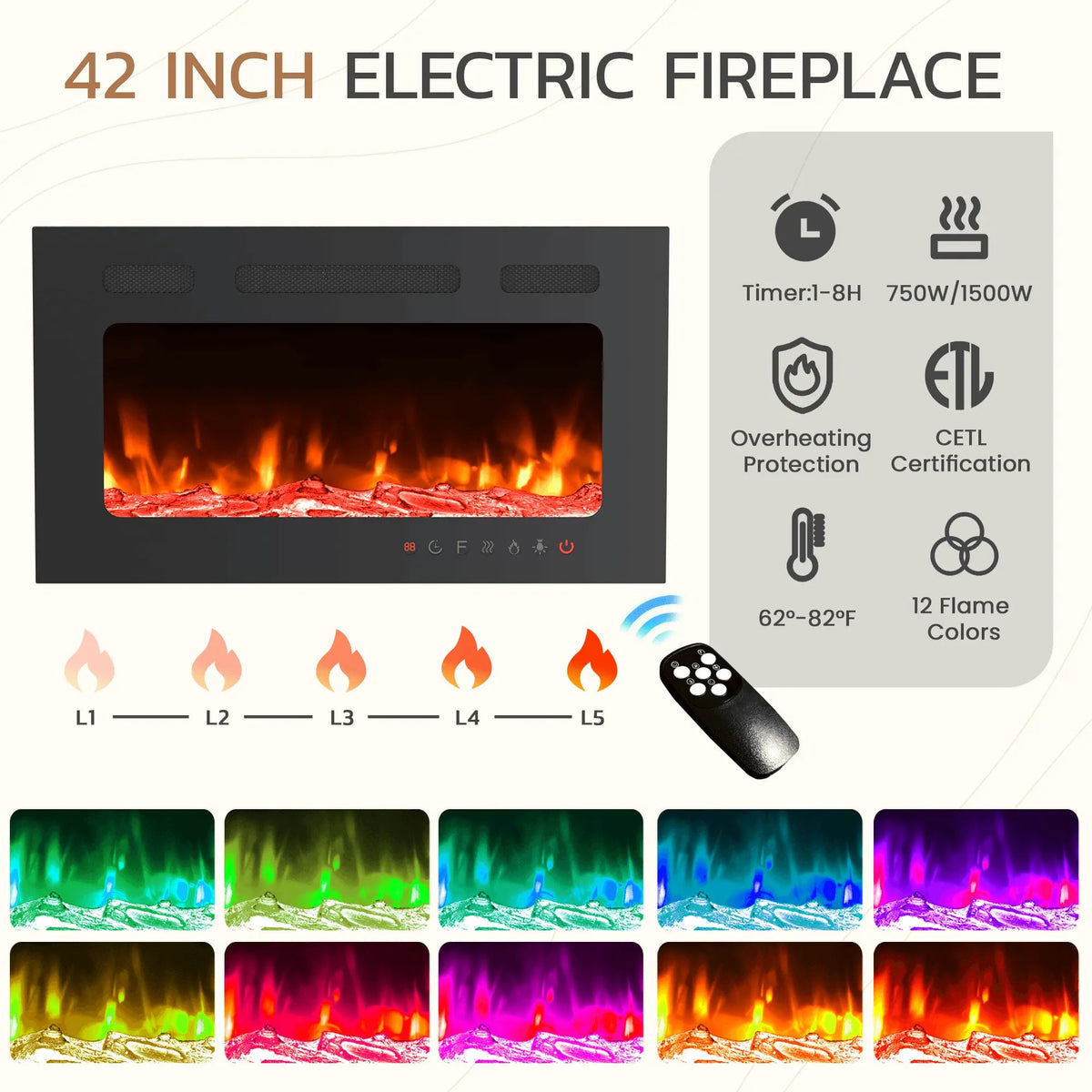 EROMMY 97 Inch Fireplace TV Stand with 42" Electric Fireplace, Fireplace Entertainment Center Media Console, Long TV Stand for Living Room, Television Stands for 100 Inch TV, Black
