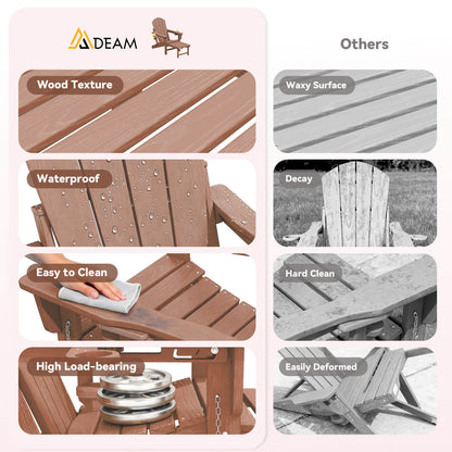 EROMMY 3-Level  Adjustable Adirondack Chair with Retractable Ottoman, Folding HDPE Outdoor Chair with Cup Holders, Teak