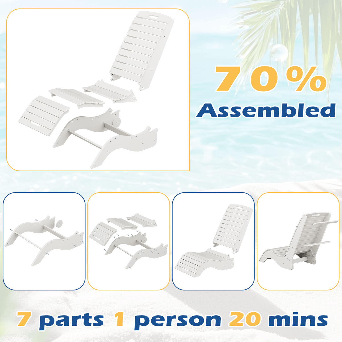 EROMMY HDPE Pool Lounge Chairs Set of 2, In-Pool Chaise with Wheels, S-Shaped, White