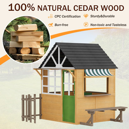 EROMMY Outdoor Play House for Kids, Wooden Kids Playhouse with Kitchen Toys, Blackboard,Chalks,Eraser,Magnetic Door, Bench, Foldable Sunshade Canopy,Bell, Pet Hole, Clock,Wood Color