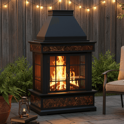 EROMMY 57" Outdoor Fireplace, Tile Finish Wood Burning Steel Fire Pit with Removable Ash Pan & Grate, Chimney, Fire Poker, Rain Cover