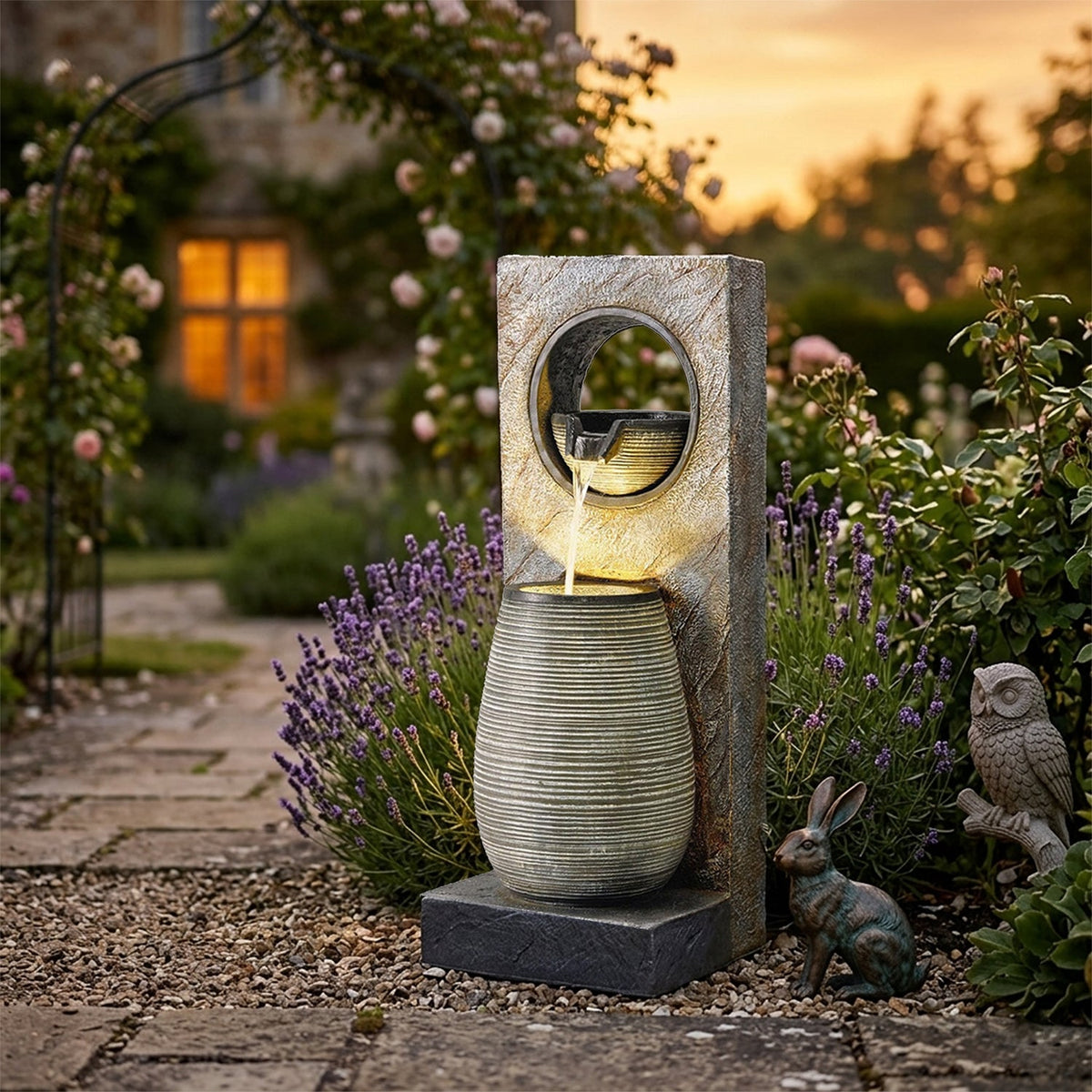 EROMMY 39.7" Water Fountain Outdoor with LED Lights – Resin Garden Fountain for Patio, Poolside, Deck & Indoor Use – Calming Flowing Water Sound for Relaxation – Easy Assembly