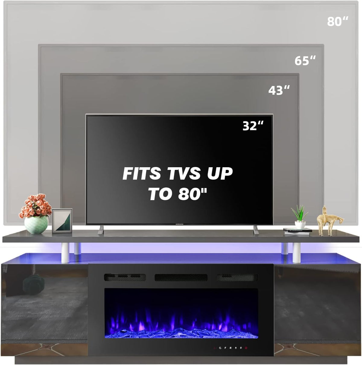 EROMMY 70 Inch TV Stand Entertainment Center, Black – Fireplace Not Included