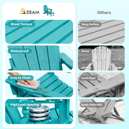 EROMMY 3-Level  Adjustable Adirondack Chair with Retractable Ottoman, Folding HDPE Outdoor Chair with Cup Holders, Aruba Blue