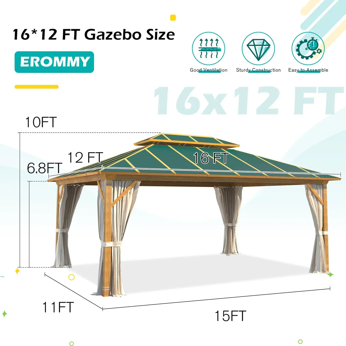 EROMMY 12X16 Gazebo with Wooden Grain Coated Aluminum Frame
