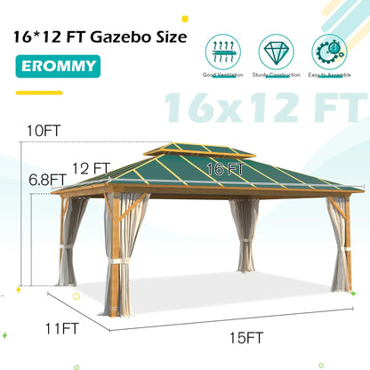 EROMMY 12X16 Gazebo with Wooden Grain Coated Aluminum Frame