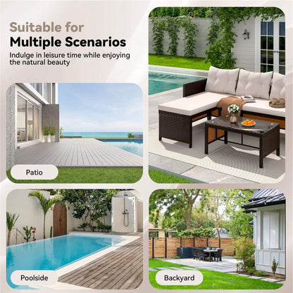 EROMMY 3 Piece Outdoor Patio Furniture Set, All-Weather PE Rattan Sofa Set with Glass Table & Cushions, Khaki