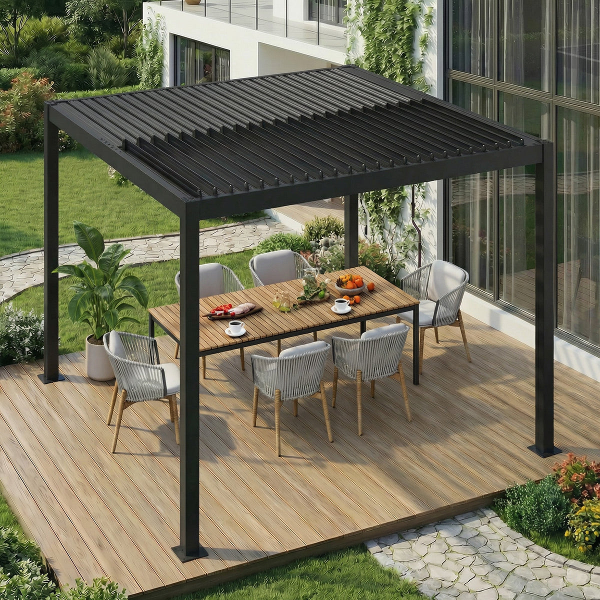 EROMMY 10' x 10' Outdoor Pergola with Adjustable Louvered Roof & Integrated Drainage, Black