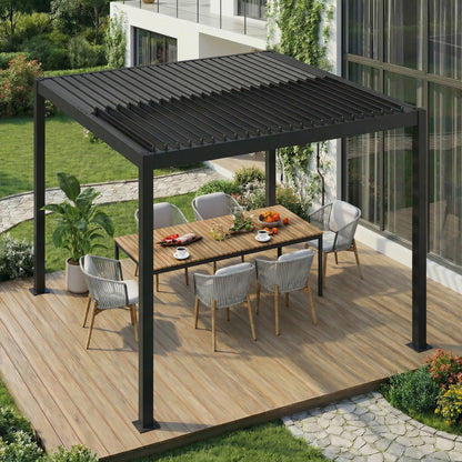 EROMMY 10' x 10' Outdoor Pergola with Adjustable Louvered Roof & Integrated Drainage, Black