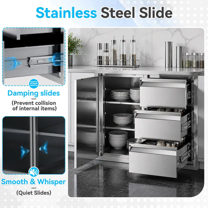 EROMMY Outdoor Kitchen Drawer and Trash Bin Combo - 28"Wx20"Dx23"H Built-in 304 Stainless Steel Cabinet with Triple Drawers & Pull-Out Trash Drawer, Silver