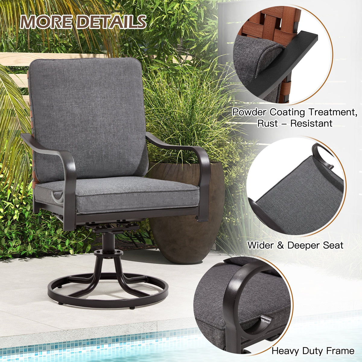 EROMMY Swivel Patio Chairs Set of 4 with Thickened Cushions, Gray