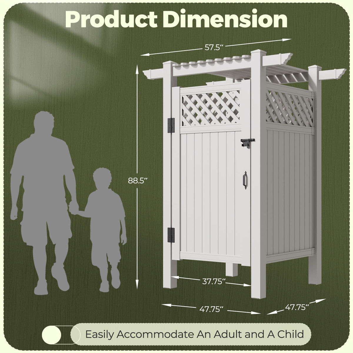 EROMMY 88.5"H x 57.5"W x 47.75"L White PVC Outdoor Shower Enclosure with Door, Weatherproof Privacy Stall for Pool & Beach, Durable Vinyl Construction（Grid-panel with roof）