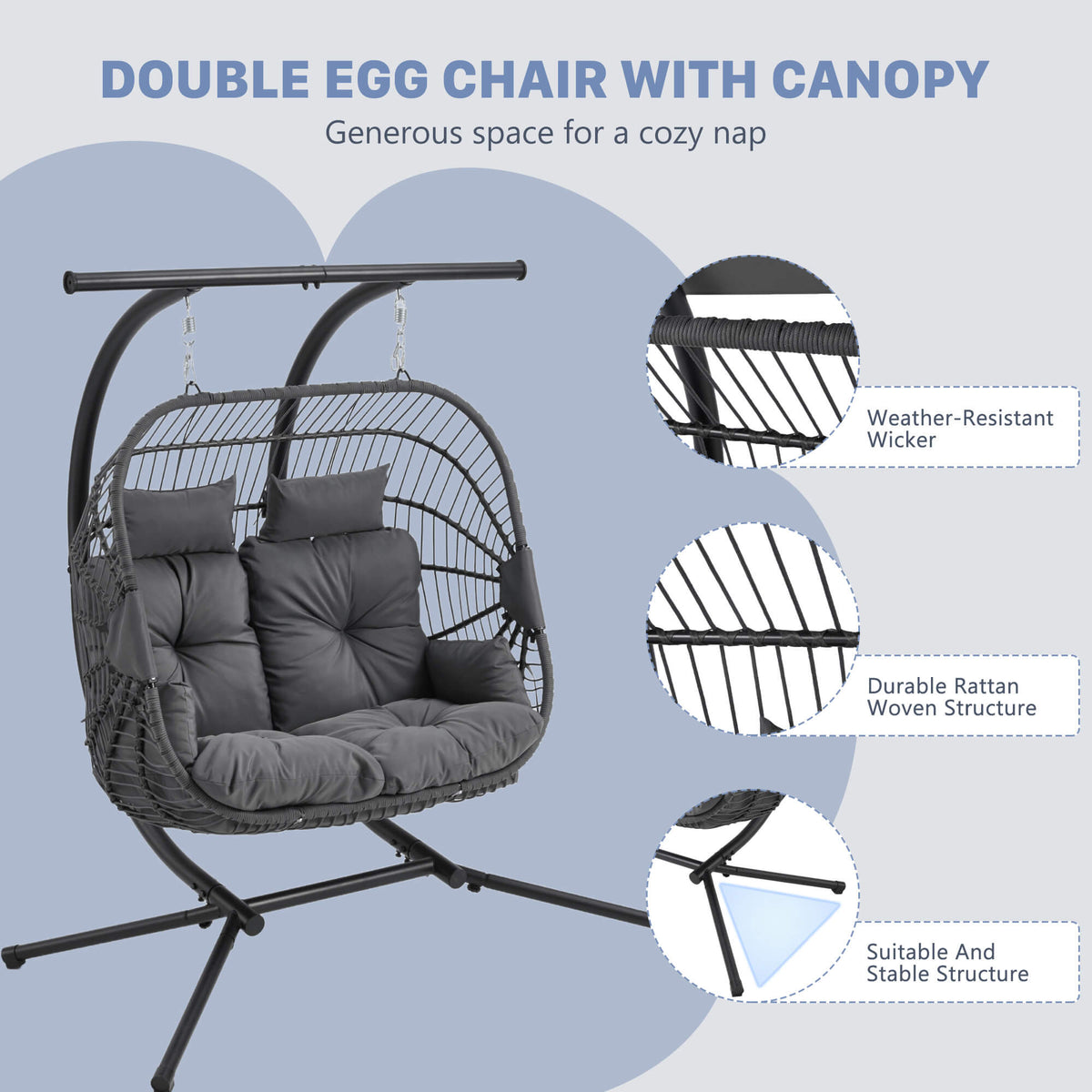 EROMMY Double Hanging Egg Chair with Stand and Extra Cushion, Gray