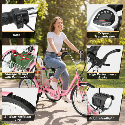 EROMMY Electric Trike for Adults,Peak 500W Brushless Motor, E-Trike with 24" x 2" Tires, Removable Battery, Charger,Step-Thru 3-Wheel Electric Bicycle, Up to 55 Miles Range, 15.5MPH+ Speed, Pink
