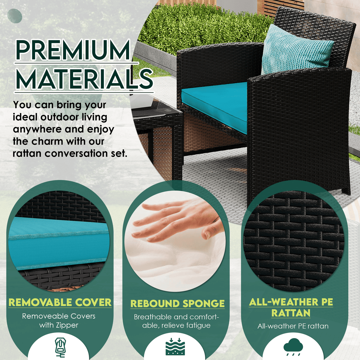 EROMMY 4-Piece Patio Furniture Set, Outdoor Wicker Patio Conversation Set with Cushions, Sofa & Glass Coffee Table, Blue