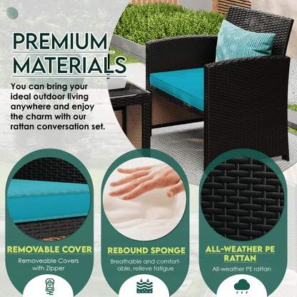 EROMMY 4-Piece Patio Furniture Set, Outdoor Wicker Patio Conversation Set with Cushions, Sofa & Glass Coffee Table, Blue
