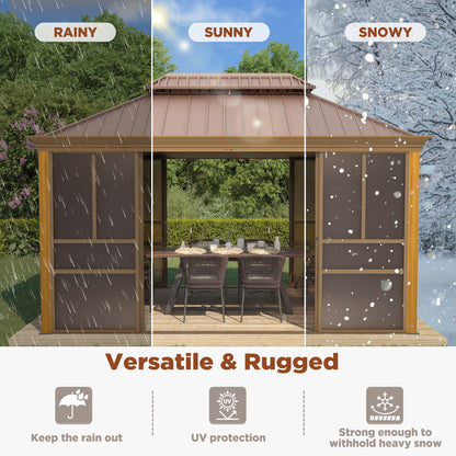 EROMMY 12'*14' Sunroom, with Front Door, Side Entrance, Galvanized Steel Double Top, Wood Grain Appearance, Aluminum Alloy Frame, Solarium Backyard Sun Room