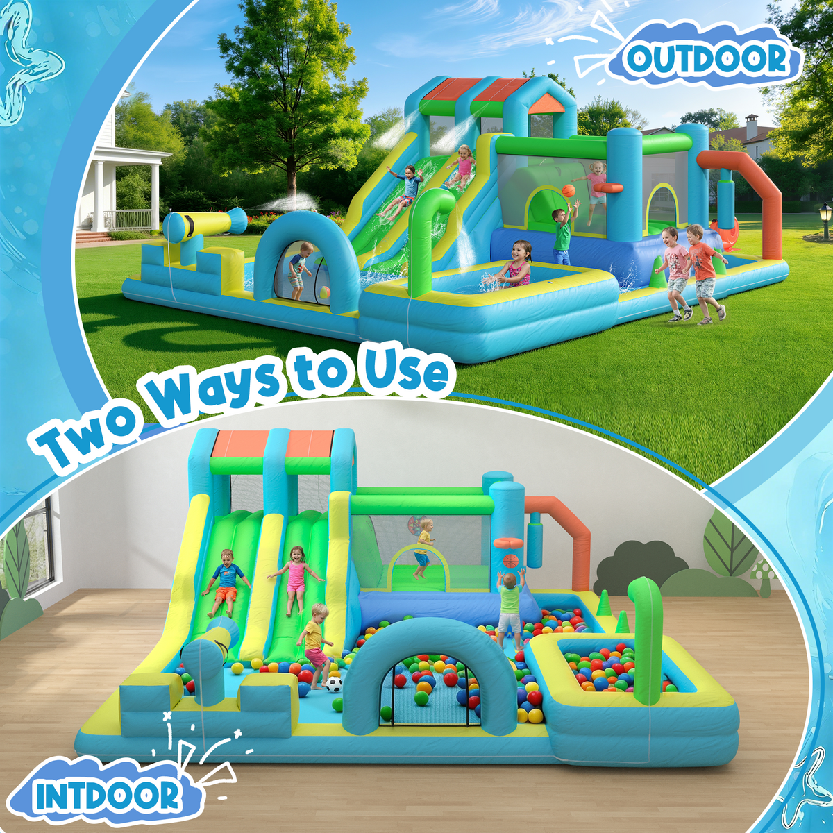 EROMMY Inflatable Bounce House, Bouncy House with Double Water Slide, Inflatable Bouncy Castle Water Bounce House with Blower, Climbing Wall, Jumping, Splash Pool for Kids Indoor Outdoor