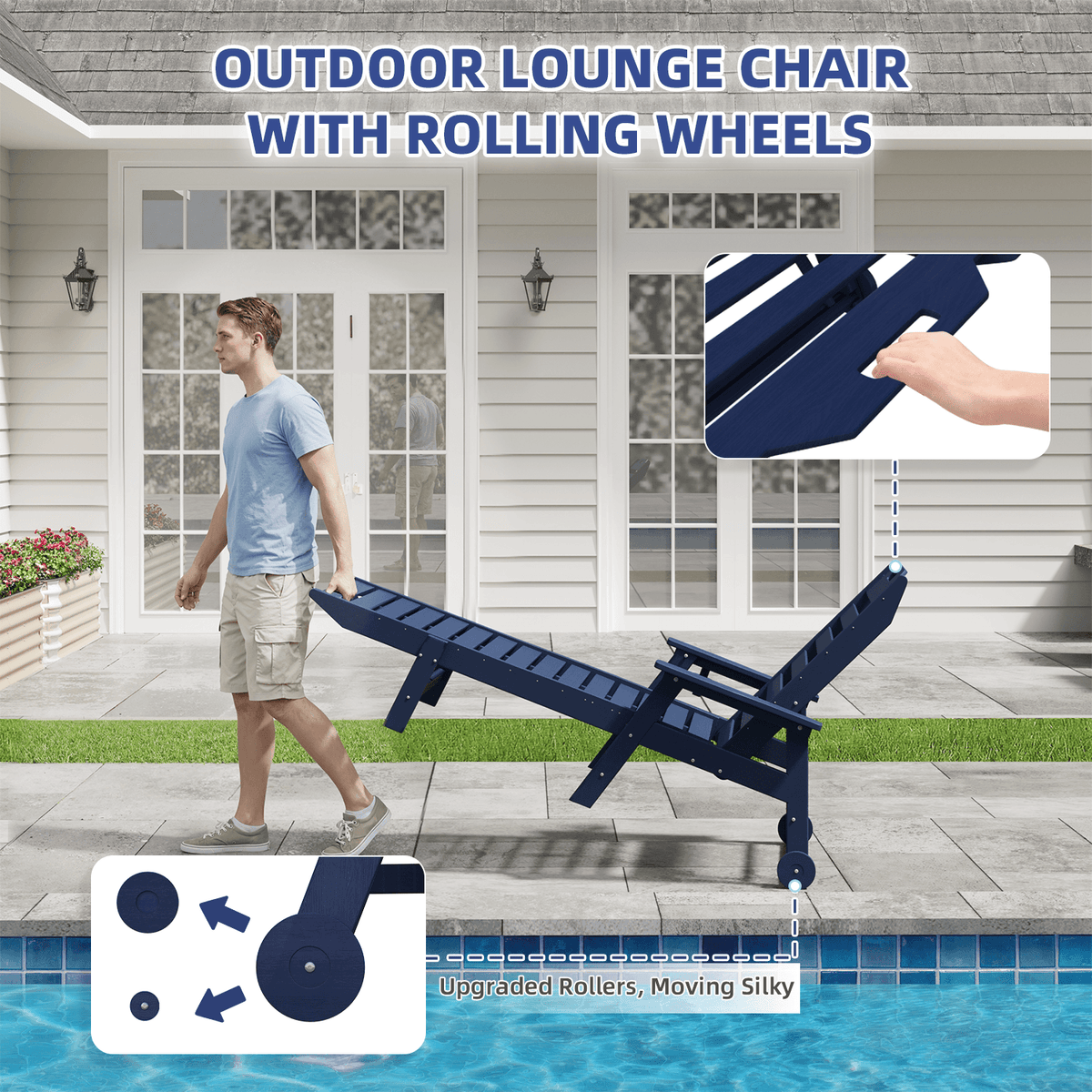 EROMMY 22" W Oversized Chaise Lounge Chairs, Adjustable HDPE Outdoor Chairs with Wheels & Cup Holder, Navy Blue