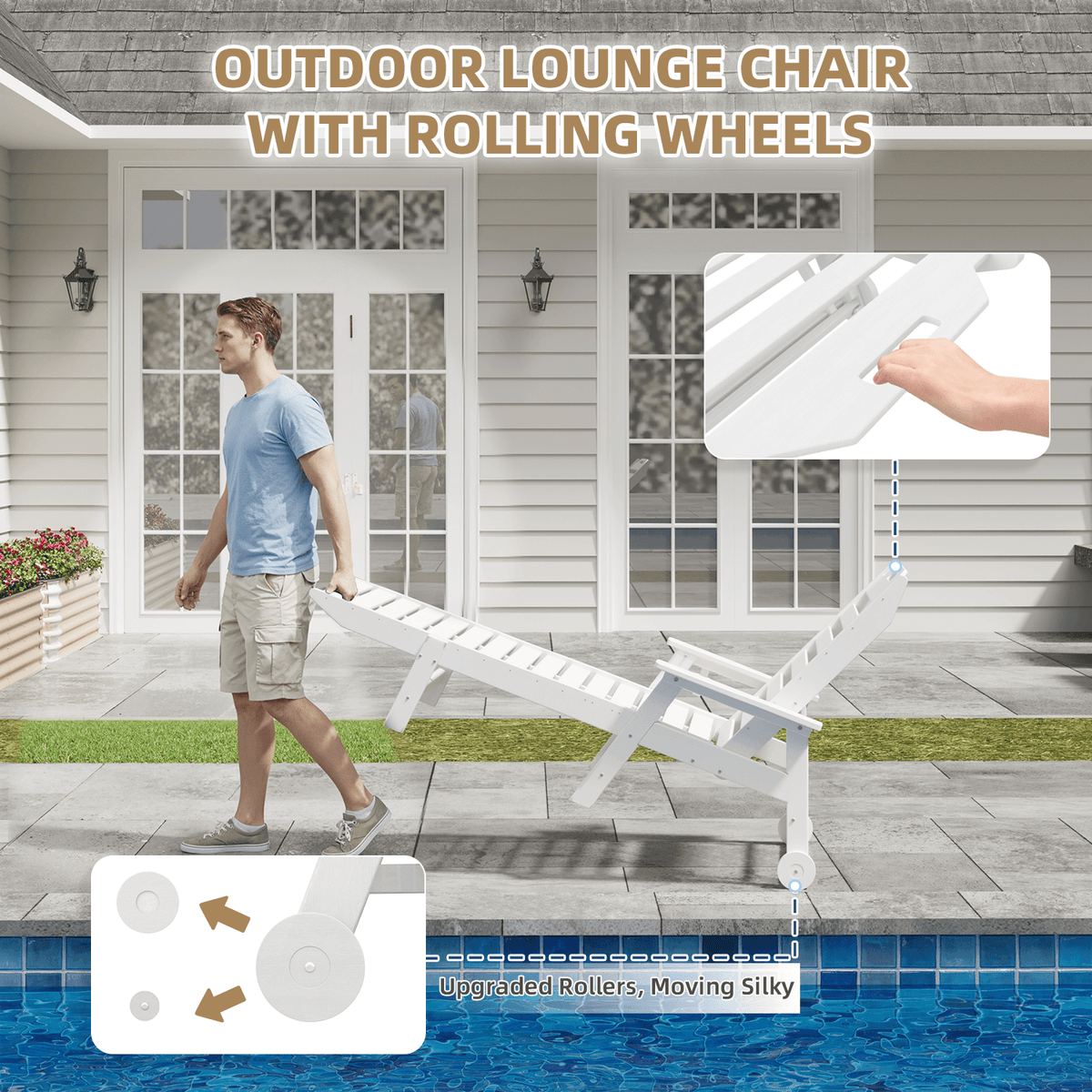EROMMY 22" W Oversized Chaise Lounge Chairs, Adjustable HDPE Outdoor Chairs with Wheels & Cup Holder, White