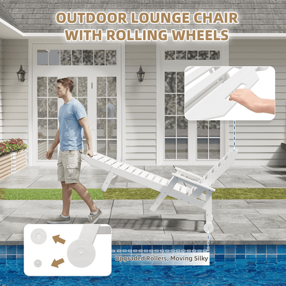 EROMMY 22" W Oversized Chaise Lounge Chairs, Adjustable HDPE Outdoor Chairs with Wheels & Cup Holder, White