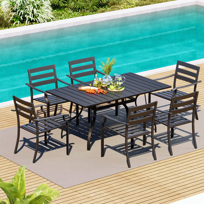 EROMMY 7-Piece Outdoor Patio Dining Set for 6, Rectangular Metal Table with Umbrella Hole & Stackable Chairs