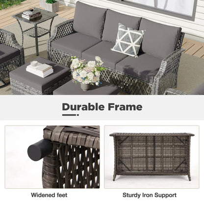 EROMMY Outdoor Wicker Sofa, 3-Seat Patio Couch with Cushions, All-Weather PE Rattan Furniture, Gray