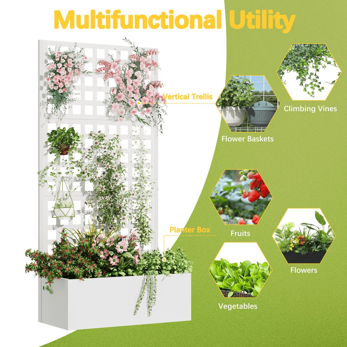 EROMMY Metal Planter Box with Trellis, 71"x 35"x 16" Raised Garden Bed with Trellis, Planter Box Trellis with Privacy Screen and Drainage Holes, White