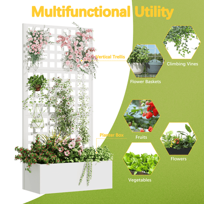 EROMMY Metal Planter Box with Trellis, 71"x 35"x 16" Raised Garden Bed with Trellis, Planter Box Trellis with Privacy Screen and Drainage Holes, White