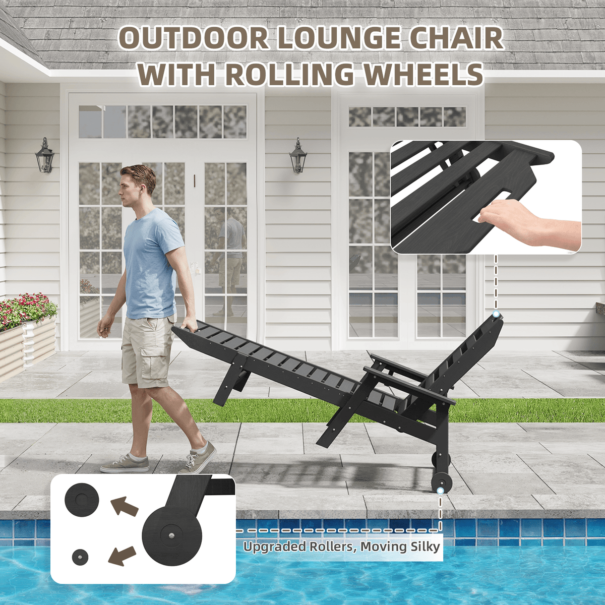 EROMMY 22" W Oversized Chaise Lounge Chairs, Adjustable HDPE Outdoor Chairs with Wheels & Cup Holder, Dark Grey