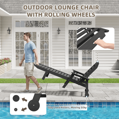 EROMMY 22" W Oversized Chaise Lounge Chairs, Adjustable HDPE Outdoor Chairs with Wheels & Cup Holder, Dark Grey