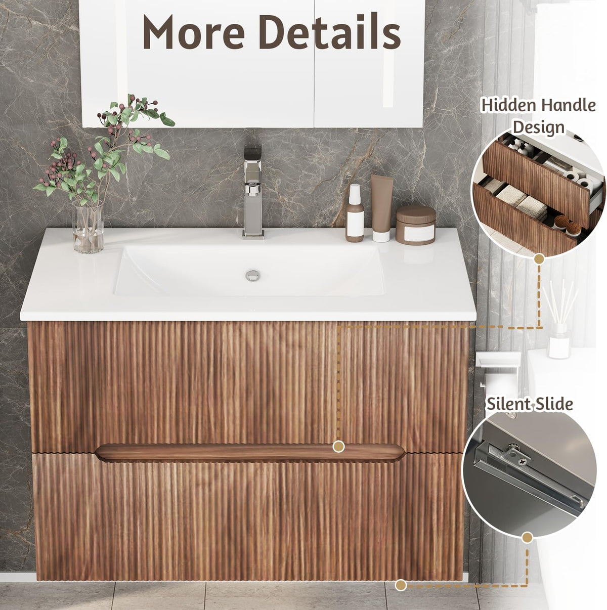 EROMMY 30 Inch Bathroom Vanity with Sink, Floating Bathroom Vanity with Ceramic Basin, Wall Mounted Bathroom Sink Cabinet Set with Soft-Close 2 Drawers, Faucet & Pop Up Drain, Walnut