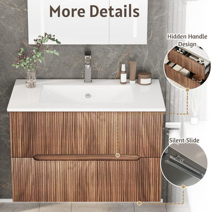 EROMMY 30 Inch Bathroom Vanity with Sink, Floating Bathroom Vanity with Ceramic Basin, Wall Mounted Bathroom Sink Cabinet Set with Soft-Close 2 Drawers, Faucet & Pop Up Drain, Walnut