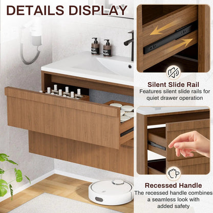EROMMY 30 Inch Bathroom Vanity with Sink, Floating Bathroom Vanity with 2 Large Storage Drawers, Wood Grain Wall Mounted Bathroom Cabinet, Walnut