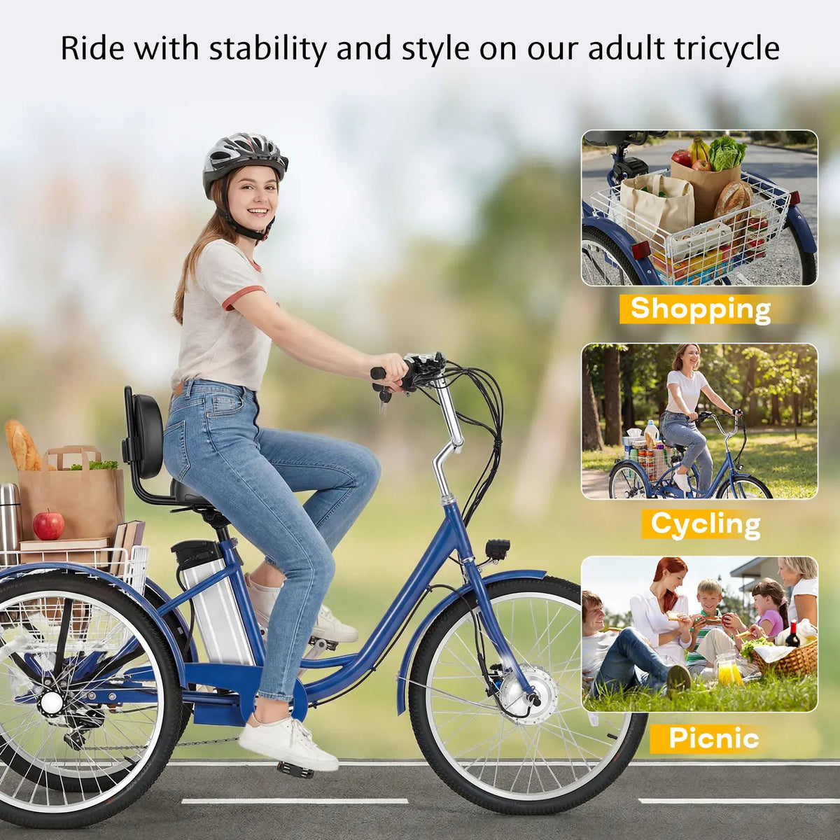 EROMMY Electric Trike for Adults,Peak 500W Brushless Motor, E-Trike with 24" x 2" Tires, Removable Battery, Charger,Step-Thru 3-Wheel Electric Bicycle, Up to 55 Miles Range, 15.5MPH+ Speed, Navy Blue