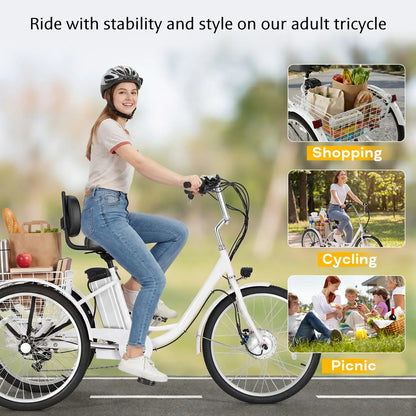 EROMMY Electric Trike for Adults,Peak 500W Brushless Motor, E-Trike with 24" x 2" Tires, Removable Battery, Charger,Step-Thru 3-Wheel Electric Bicycle, Up to 55 Miles Range, 15.5MPH+ Speed, White