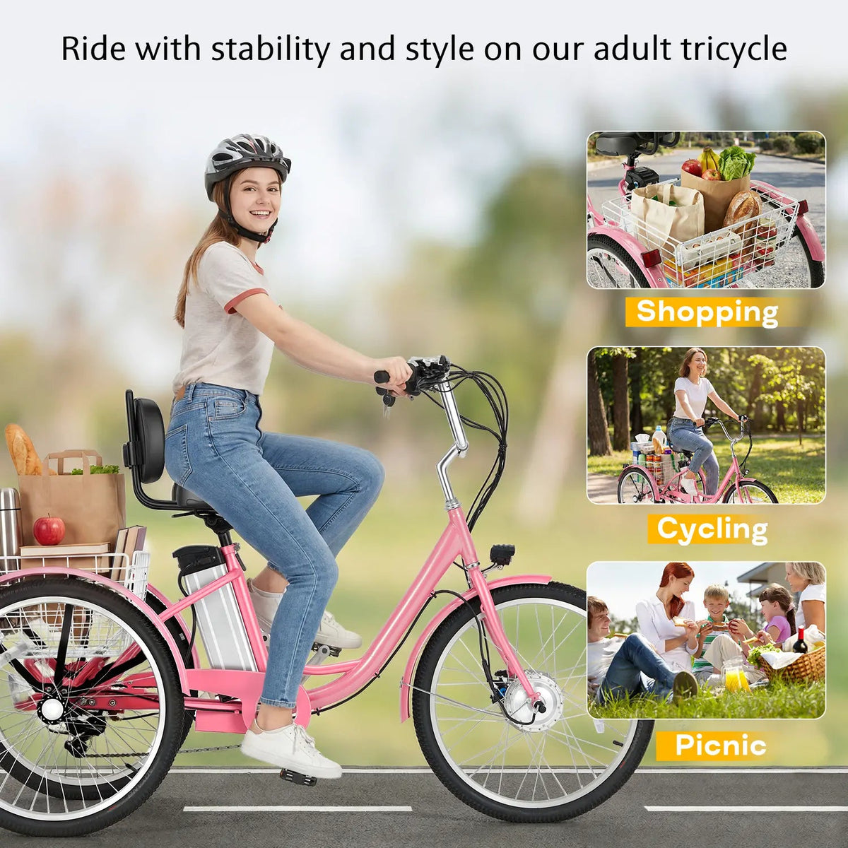 EROMMY Electric Trike for Adults,Peak 500W Brushless Motor, E-Trike with 24" x 2" Tires, Removable Battery, Charger,Step-Thru 3-Wheel Electric Bicycle, Up to 55 Miles Range, 15.5MPH+ Speed, Pink