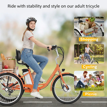 EROMMY Electric Trike for Adults,Peak 500W Brushless Motor, E-Trike with 24" x 2" Tires, Removable Battery, Charger,Step-Thru 3-Wheel Electric Bicycle, Up to 55 Miles Range, 15.5MPH+ Speed, Orange