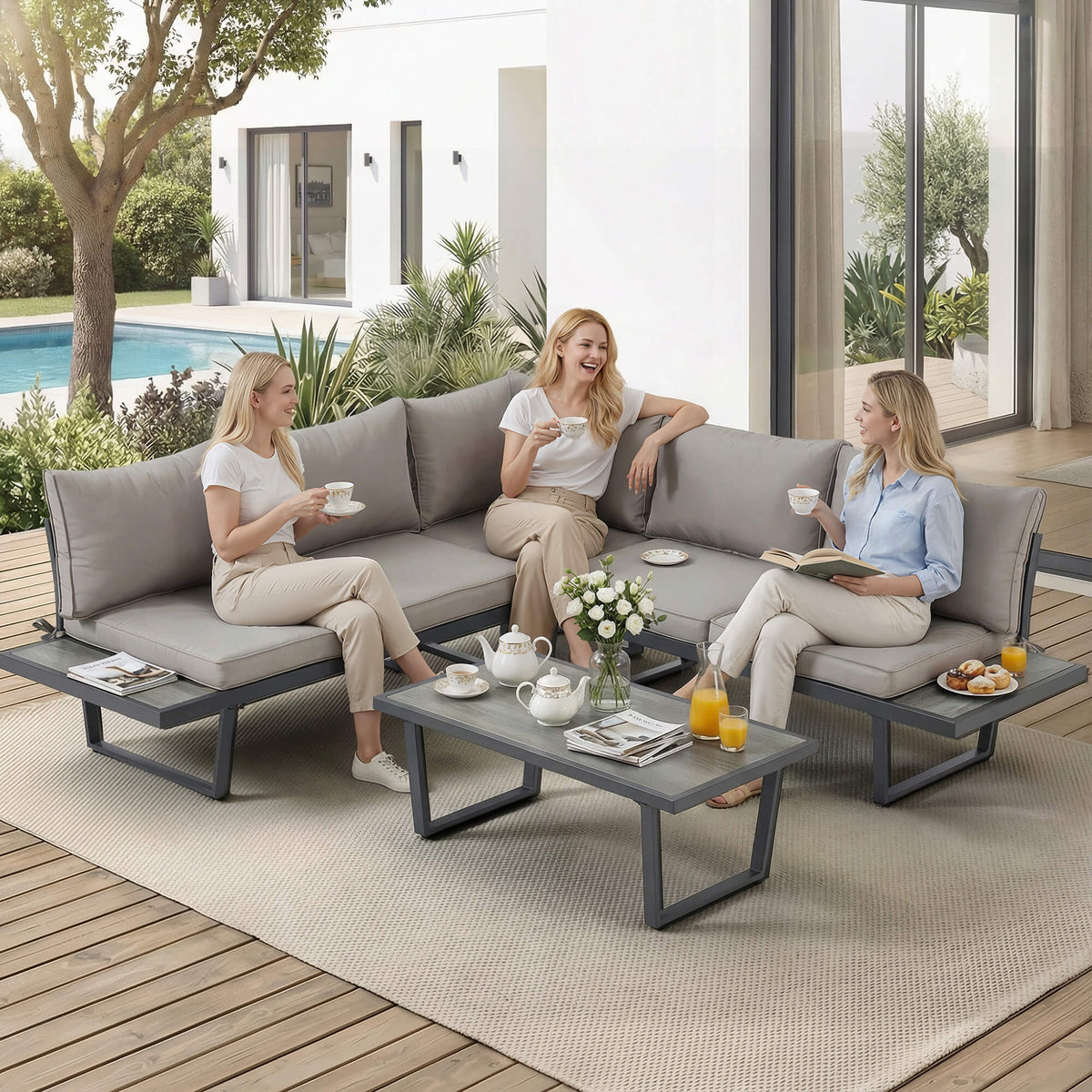 EROMMY Patio Conversation Sets, 4 Piece  Outdoor Patio Furniture Set, Outdoor Furniture with Coffee Table, Gray