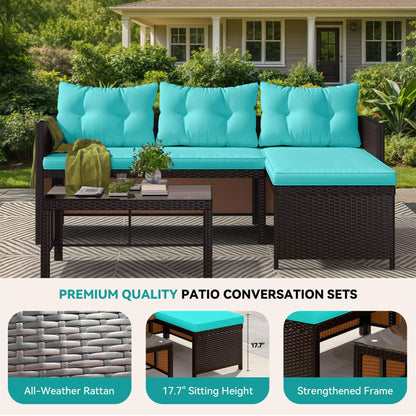 EROMMY 3 Piece Outdoor Patio Furniture Set, All-Weather PE Rattan Sofa Set with Glass Table & Cushions, Blue